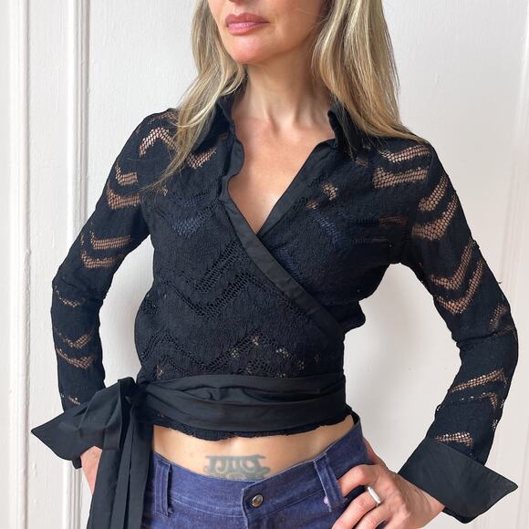VTG Black Lace Goth Y2K Wrap Top Dark Romantic Shear Studio De Compagnie Paris - Picture 1 of 11